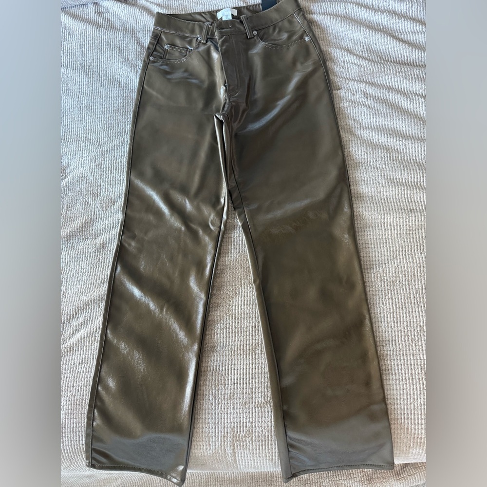 H&M Olive Green Faux Leather Straight Leg Pants